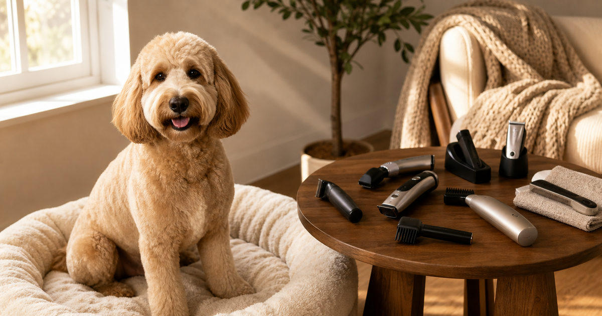 A freshly groomed doodle sits beside several unbranded dog clippers and grooming tools arranged on a wooden table in a warm, sunlit home setting, illustrating the best dog clippers for doodles.