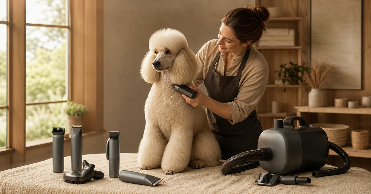 A professional groomer using dog clippers on a fluffy poodle during a grooming session in a sunlit, warm-toned grooming room.