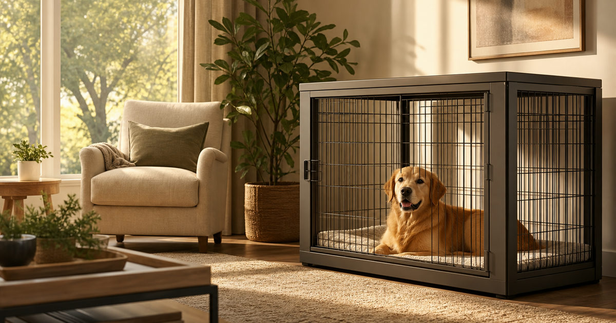 A large dog rests peacefully inside a spacious dog crate positioned in a warm, sunlit living room decorated with home furnishings and plants, illustrating comfortable containment solutions for large dogs.