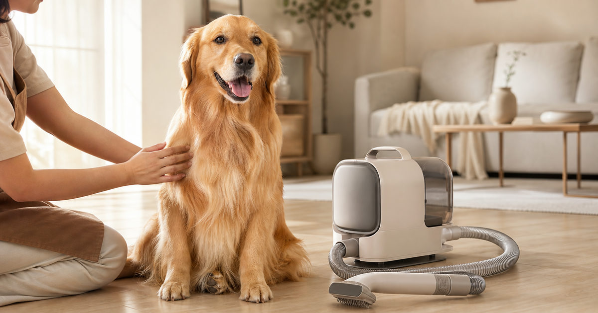 A golden retriever sits on a wooden floor next to a plain matte-finish dog grooming vacuum in a bright, warmly-lit home interior, showcasing pet grooming vacuums for optimal coat care.