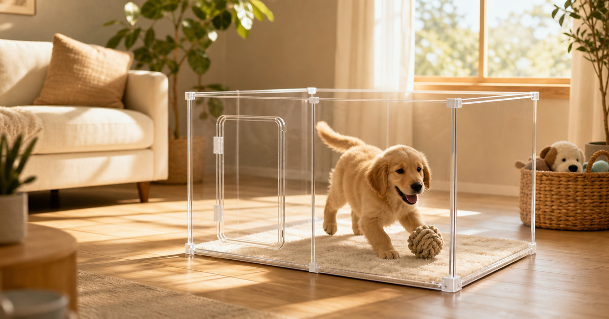 A happy puppy plays inside a transparent acrylic dog playpen in a warm, sunlit living room featuring natural light and premium home furnishings.
