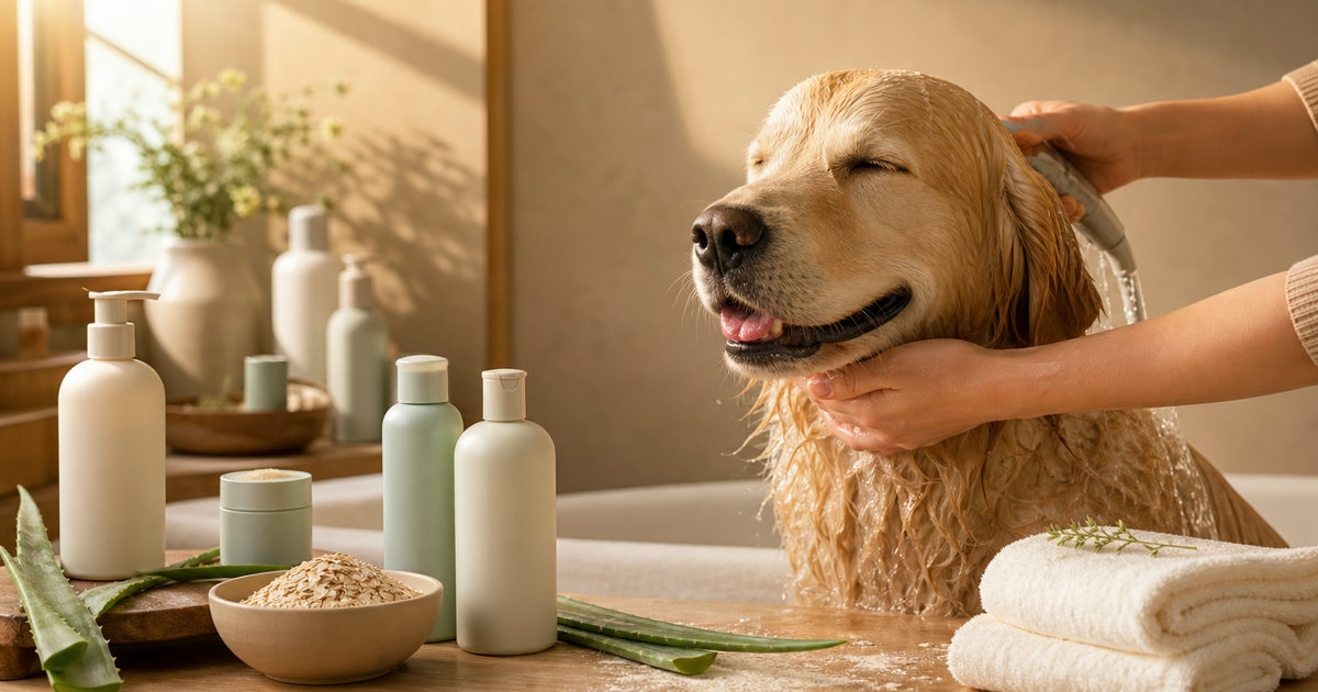 A dog being bathed in warm natural light surrounded by plain bottles of dog shampoo for sensitive skin care, demonstrating gentle grooming.