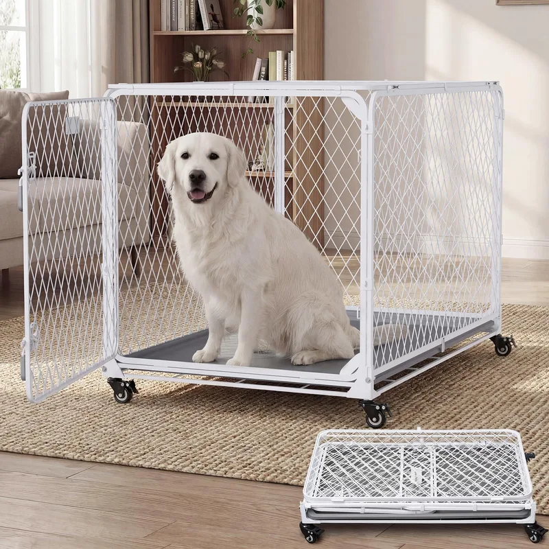 Gardner Pet 42-inch white diamond-mesh collapsible dog crate on wheels